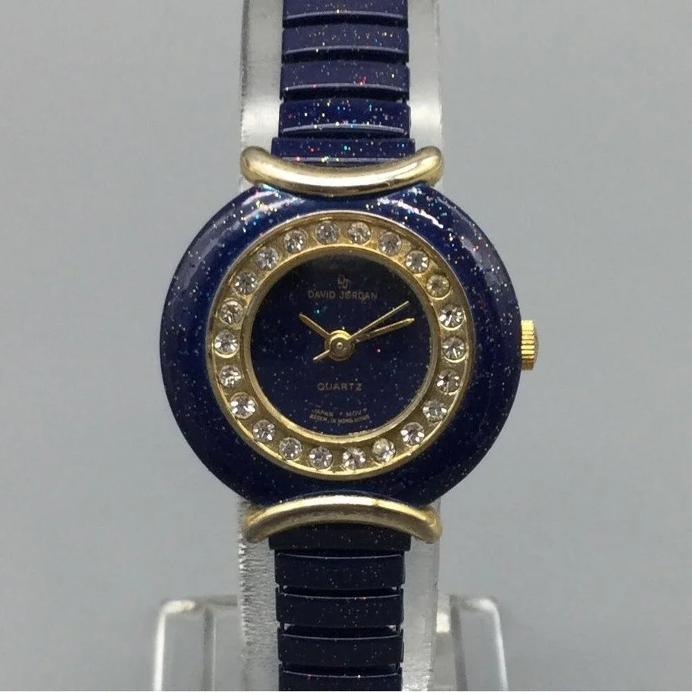 David Design Womens Watch 25mm Crystal Bezel Stretch Band Gold Tone New Battery